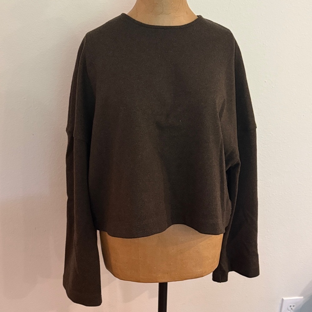 Alysi Sz 4 Brown Wool Blend Women's Sweater Bell Sleeve Back Zip Great Condition